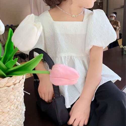 Girls Suit Sweet Square Collar Bubble Backless Top with Sid