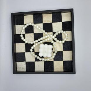 侘何轻奢马毛几托盘棋盘NLG格寂样板房客厅卧纳室床头柜收盘摆件