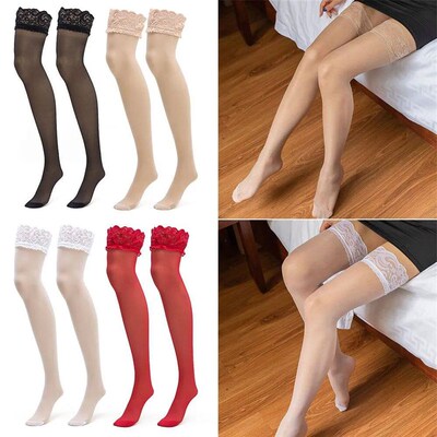 Oversize Hosiery High Knee Black White Red Cuff Tights Rib T