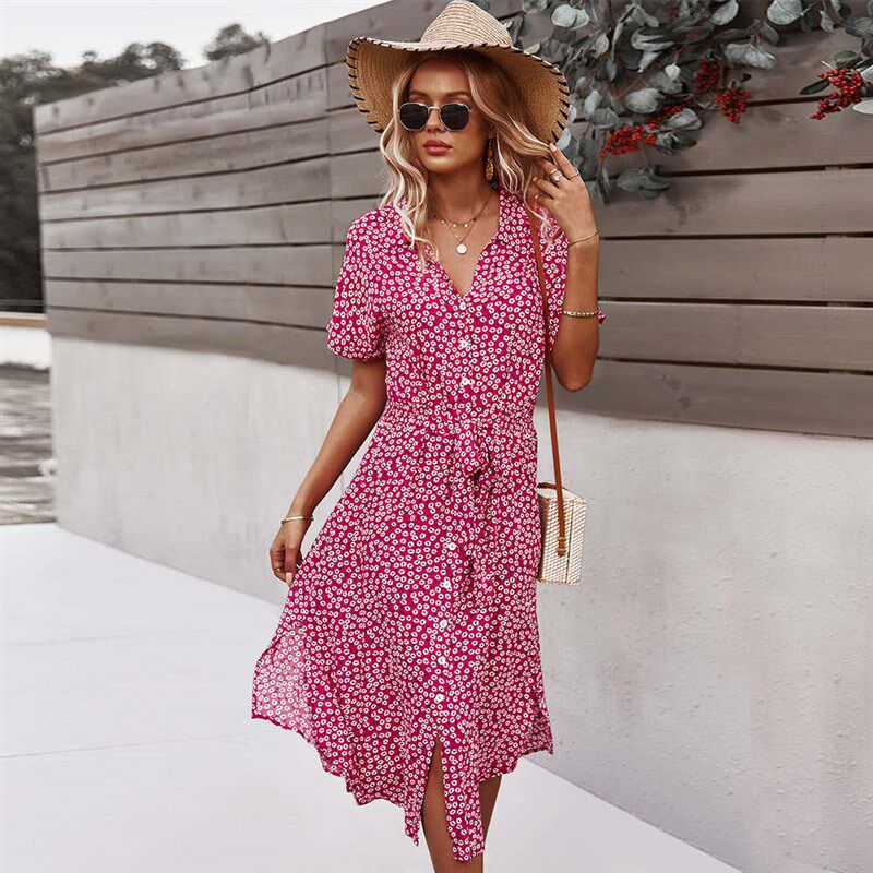 Beach Boho Summer Dress Shirt 2021 Floral Vintage High Waist图片