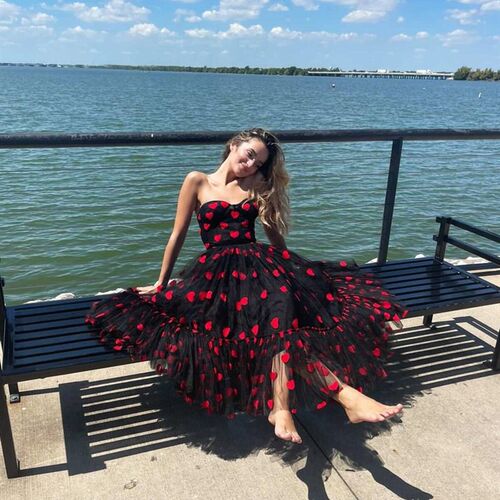 Women Sexy Off Shoulder Heart Print Tulle Dress Sleeveless