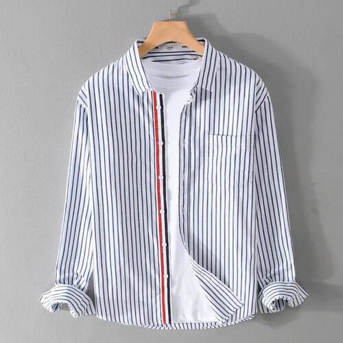 Spring Autumn Mens Clothes Striped Lapel Casual Loose Cotto