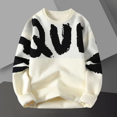 Letter Contrast Printing Sweater Pullover Crew Neck Men Swet