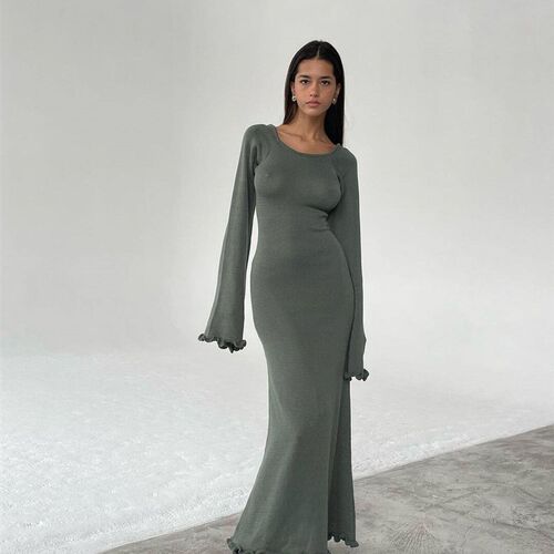 Knitted Backless Maxi Dress Women Flare Long Sleeve Solid Ho