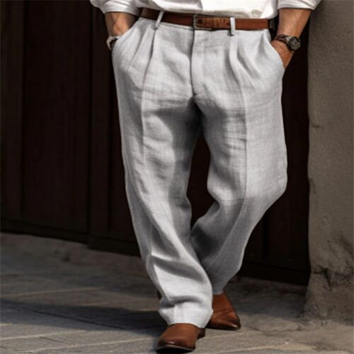 Mens Linen Trousers Double Pleated Front Bag Straight Solid