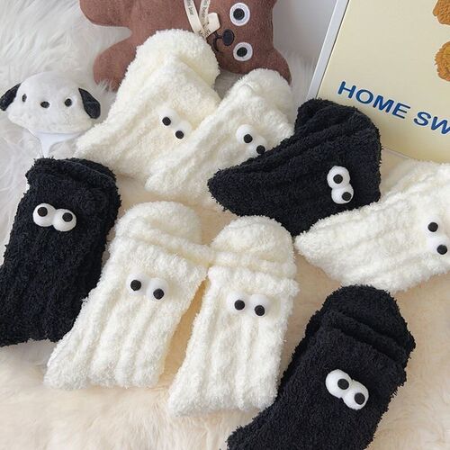 And White Cute Eyes Floor Sleeping Socks Thickened Plus Velv