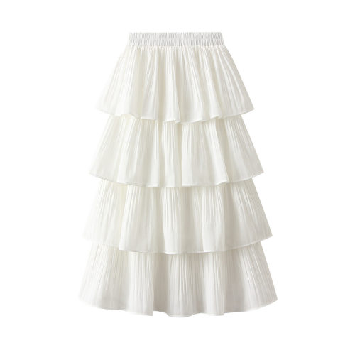 Summer Wooden Ear Stitching Pleated Big Swing Skirt Womens