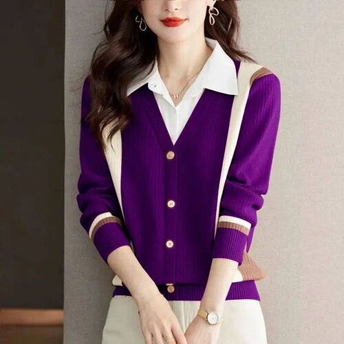 Fashion Women Korean Clothing Contrast Sweater Patchwork Fak