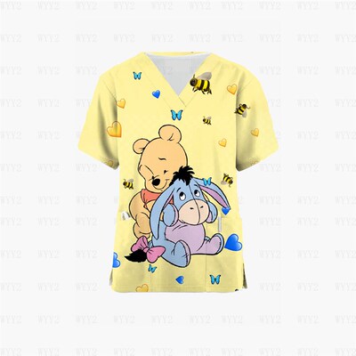 Summer Workwear Scrubs Ladies Printed  Winnie the Pooh Carto