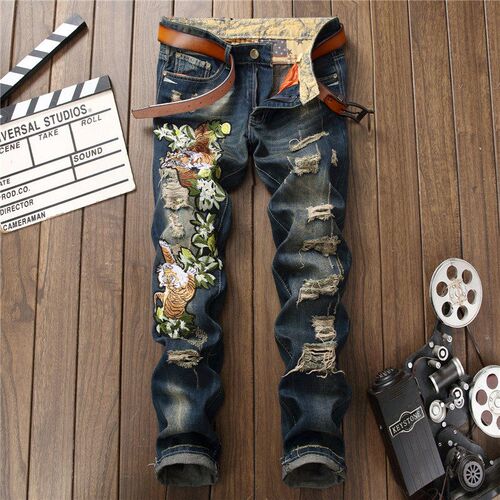 In Stock 2025 Punk Mens Jeans Embroidered Tiger Head Small