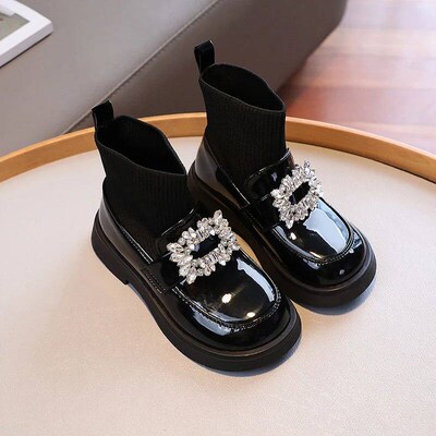 Girls Leather Boots with Rhinestone Flat Bottomed Middle Tub