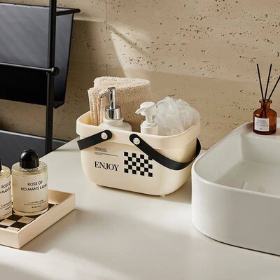 Portable Drainable Bath Basket Creamy Style Shower Basket fo