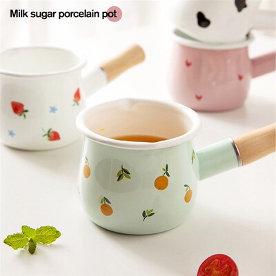 550ml Enamel Milk Pot Wooden Handle Gas Stove Induction Cook
