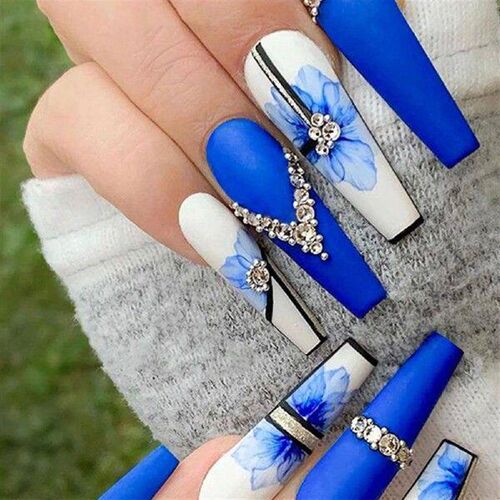 Blue Flowers & Diamond Fake Nails Non-Toxic Odorless Not