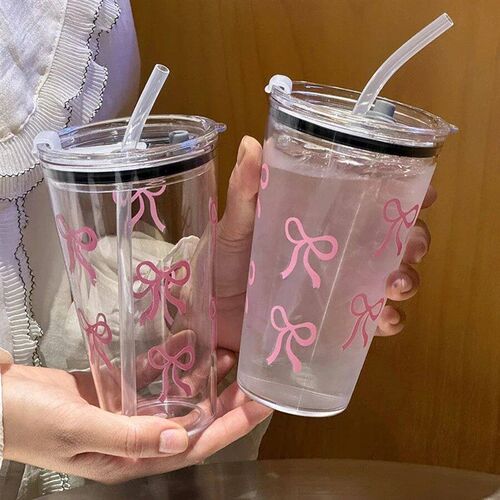 1/2pc 500ml Pink Bow Plastic Cup Transparent Milk Coffee Mug