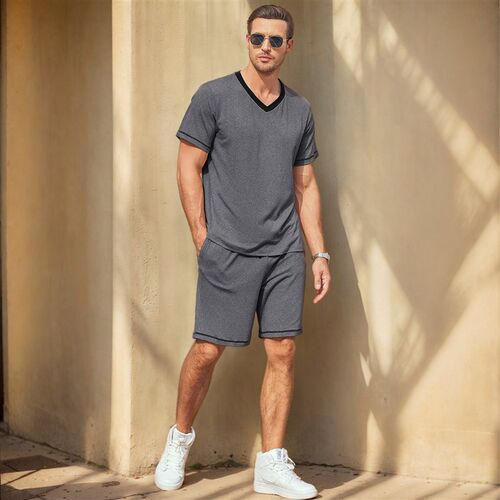 Mens Casual Suit Short-sleeved Shorts Two-piece Set Contras