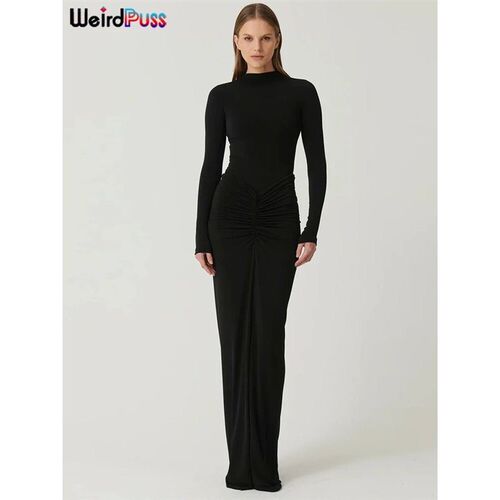 Weird Puss Hipster Ruched Dress Women o-NeckFull Sleeve