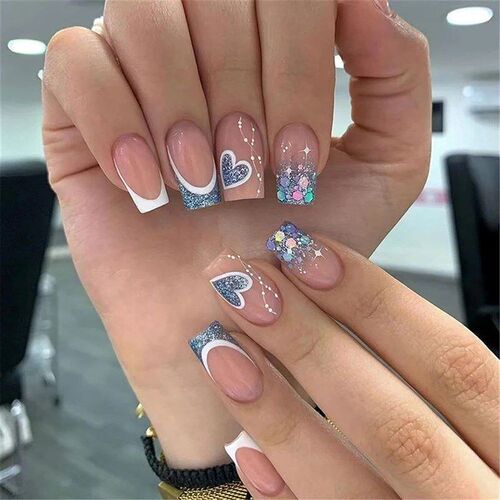 24PCS Press On Nails Short Pink Square Fingertip French Trim
