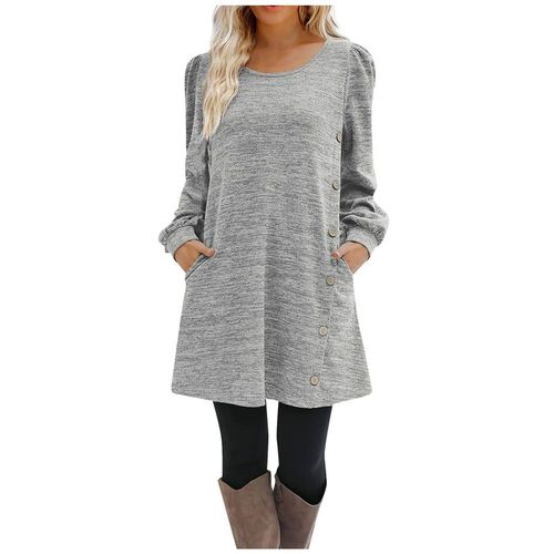 Fashion Women Round Neck Solid Color Button Long Sleeve