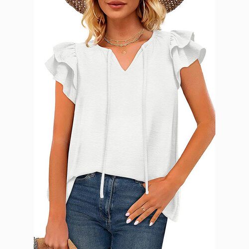 Summer 2025 VNeck Blouse with Tie Ruffled TShirt Chiffon Shi