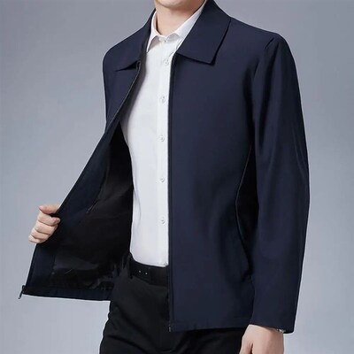 Men Coat Smooth Zipper Lapel Collar Solid Color Middle-aged