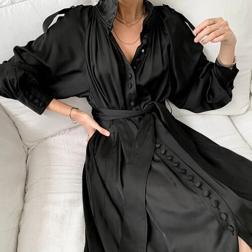 Elegant Office Lady Maxi Dress Long Sleeve Solid Fashion