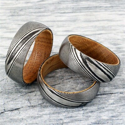 8mm Mens Black Tungsten Wedding Band with Damascus Steel Tex