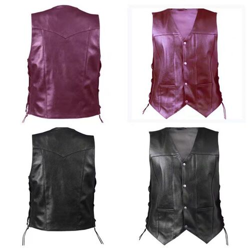 Mens Leather Vest Vneck Singlerow Button Side Straps Short S