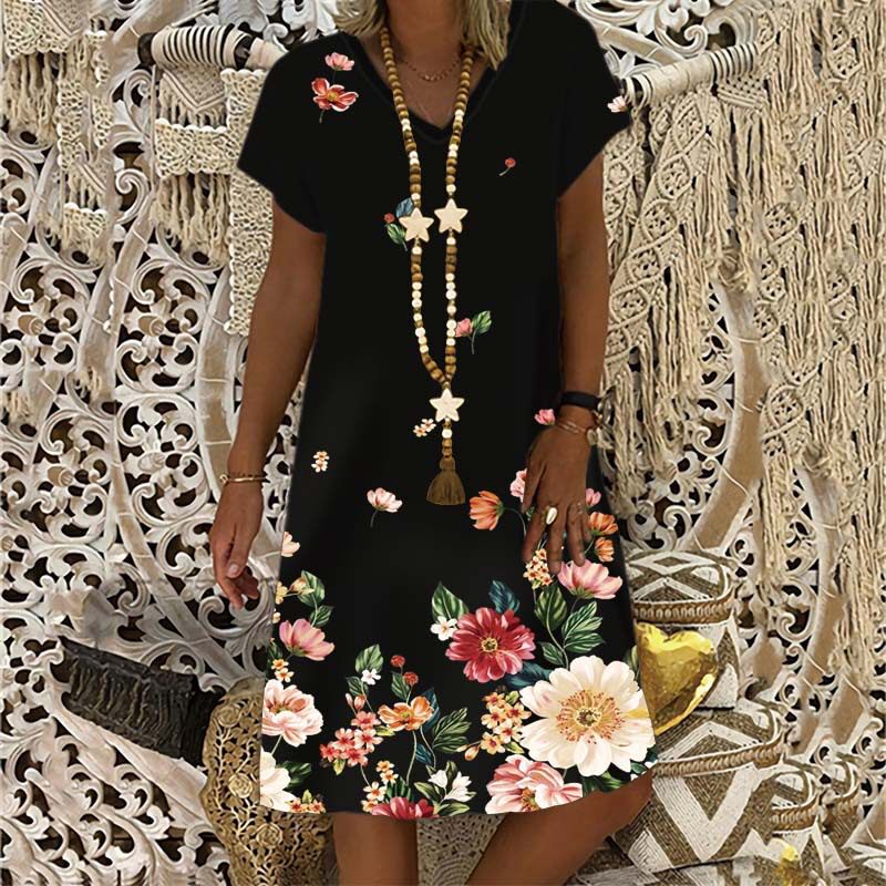 Womens New Short Sleeve Round Neck Dress  Summer Flower图片