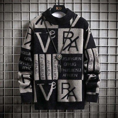 Men Knitted Sweater Stripe Pullovers Printing Round Neck Swe