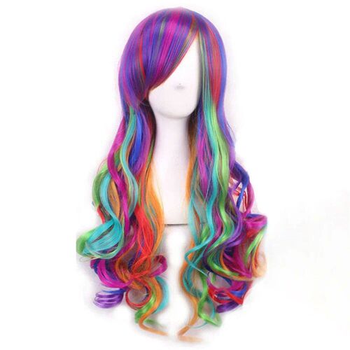 Synthetic Long Curly Ombre Rainbow Color Cosplay Wig with