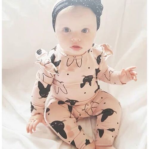 Fashion Pink rabbit print baby girl romper Toddler Long slee