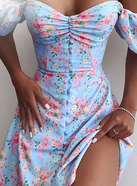 WildPinky  Summer Print Dress French Style Puff Sleeve