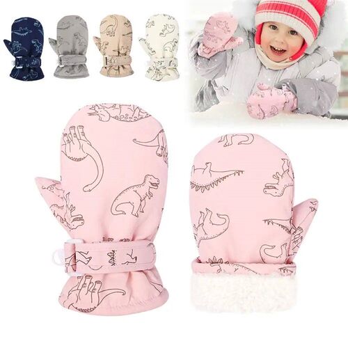 2-6Y Dinosaur Print Kids Gloves Plush Waterproof Winter Warm
