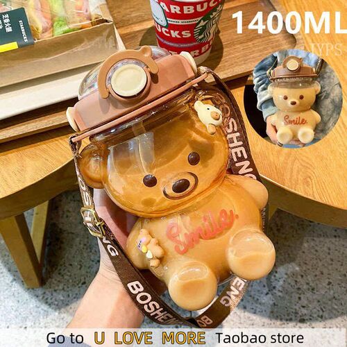 1400ml Kawaii Bear Water Bottle With Straw Girls Large Capac