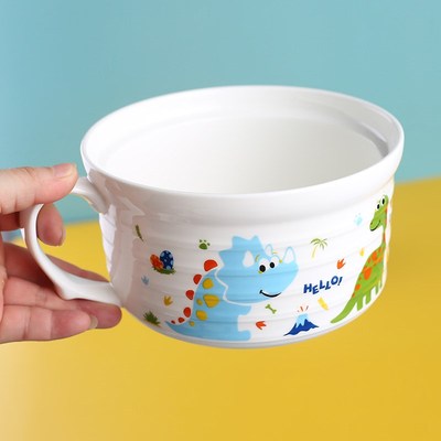 瓷航可爱儿童碗恐龙小碗泡面碗带盖学生宿舍陶瓷饭碗卡通微波炉碗