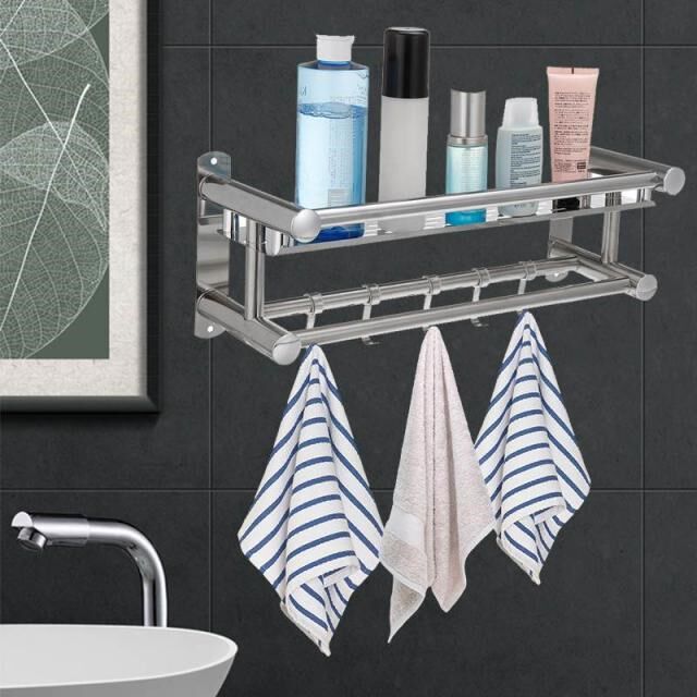 2 Layer Bathroom Towel Racks Holder Wall Mounted Storage Han - 实物图