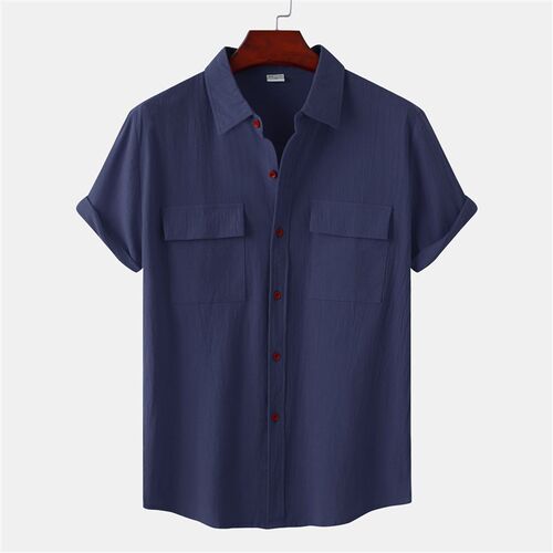 Summer Linen Short Sleeve Shirt for Men Square Collar Casual