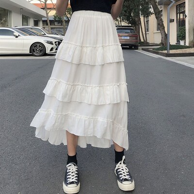 HOUZHOU Black Long Skirts Women Gothic High Low Ruched Ruffl
