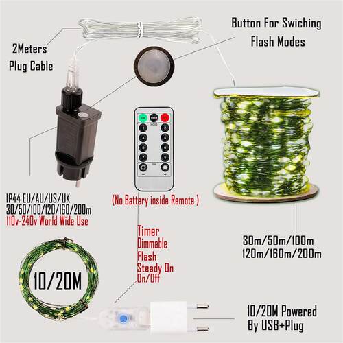 100M Green Wire 8 Modes Fairy String Light Waterproof Firefl