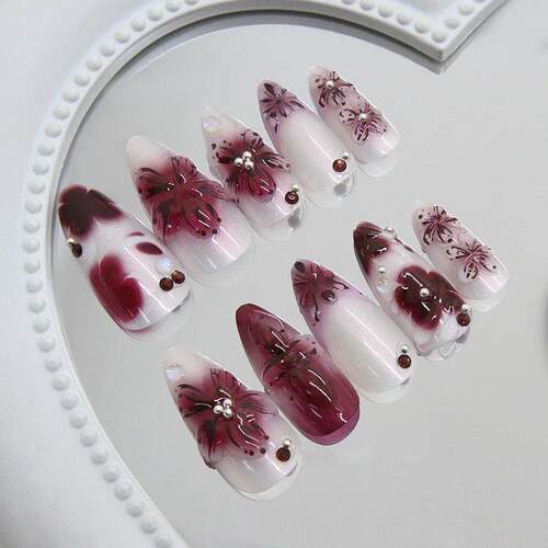 24pcs Flower Print Press on Nails Wine Red Blush Almond Fals