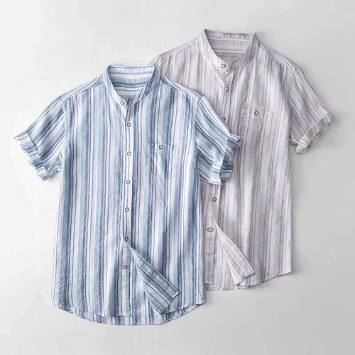 Yarn-dyed linen vintage stand collar short sleeve shirt men