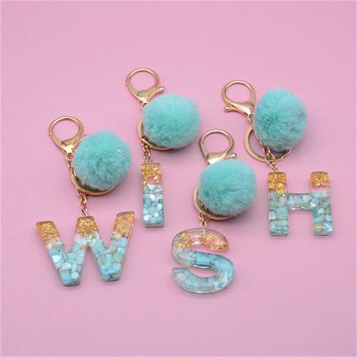 Fashion 26 Let Keyring Green Pompom Fur Ball Glue Keychain B