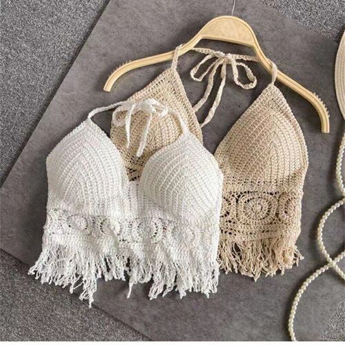 Bohemian Beach Hollow Crochet Backless Bra Pad Bikini Crop T