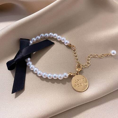 Black bow pearl brlet female ins retro temperament all-match