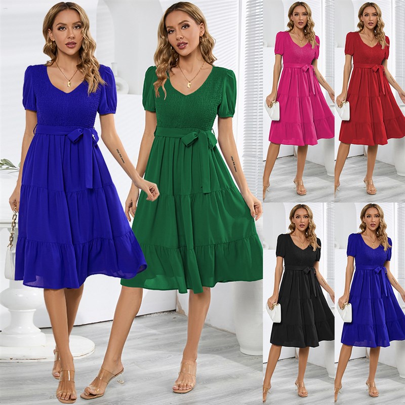 Rosielars Women Solid Beach Dress Summer Short Sleeve V图片