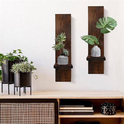 Set of 2 Wooden Wall Candle Sconces Rustic Wall Mount Wood P
