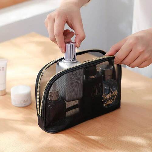 Simple Black Mesh Makeup Case Organizer Storage Pouch Casual