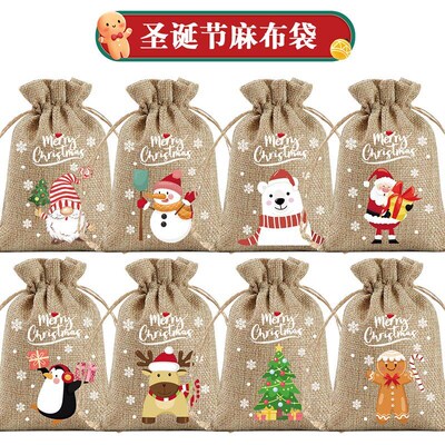 24pcs Christmas Linen Gifts Bags Candy Cookie Drawstring Pou