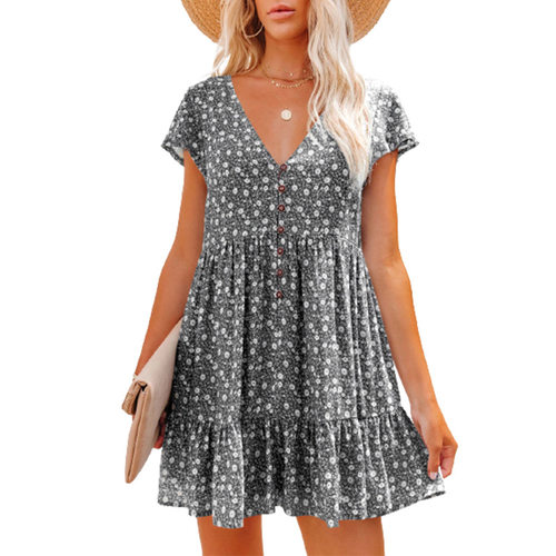 omen Blouse Dress Summer V Neck Short Sleeve Button Ruffle